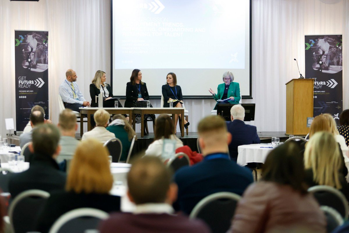abcb_council's tweet photo. Facilitated by event host @wendytalksbizz, our panel discussion members @marymeehanNI #HarryHamilton #TracyRice & #KimMcAllister explore #talent attraction & retention. #getfuturereadyabc #employability #skills https://t.co/kmKZLHJAjH