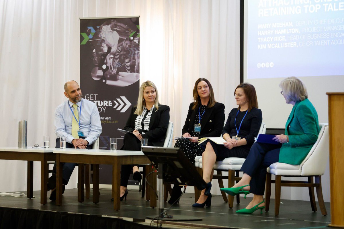 abcb_council's tweet photo. Facilitated by event host @wendytalksbizz, our panel discussion members @marymeehanNI #HarryHamilton #TracyRice & #KimMcAllister explore #talent attraction & retention. #getfuturereadyabc #employability #skills https://t.co/kmKZLHJAjH