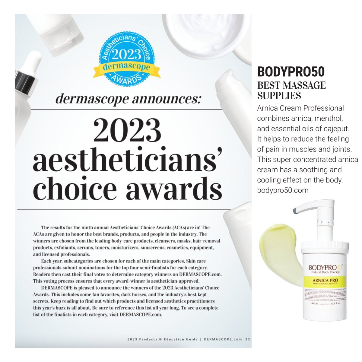 BODYPRO50's tweet photo. We are thrilled to announce we’ve been awarded as THE BEST MASSAGE supply of 2023 @Dermascope Aestheticians’ Choice Award! Thanks to all our professional clients in voting for @BODYPRO50
 ARNICA 🙏 #MASSAGE #AWARD #ARNICA #DERMASCOPE #ACA https://t.co/l35ROCmpto