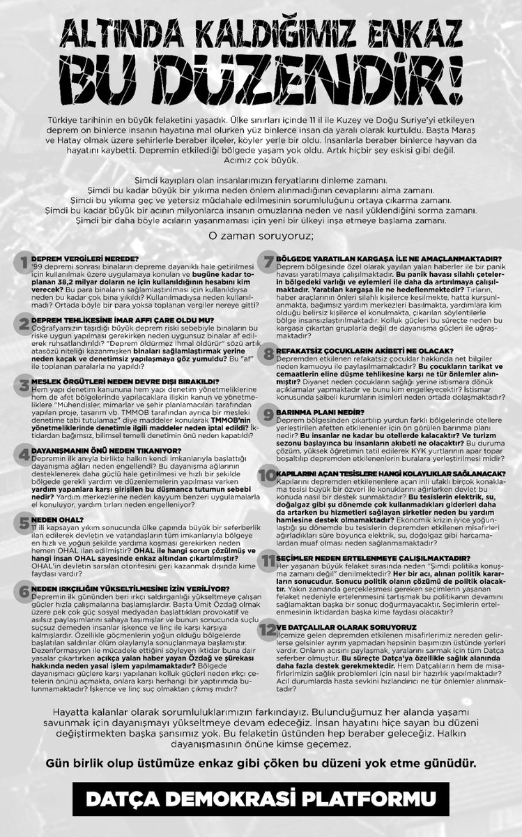 DatcaDemokrasi's tweet photo. ALTINDA KALDIĞIMIZ ENKAZ BU DÜZENDİR!
Türkiye tarihinin en büyük felaketini yaşadık… 
Şimdi bir daha böyle acıların yaşanmaması için yeni bir ülkeyi inşa etmeye başlama zamanı.
S O R U Y O R U Z 📌 https://t.co/5pX7k3Ksv9