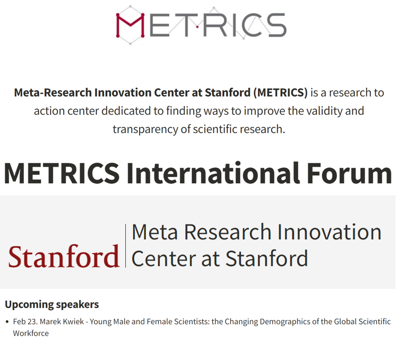 SilviaCDobre's tweet photo. 📢@Marek_Kwiek's talk at @METRICStanford
 International Forum: ways to improve validity &amp; transparency of #scientific #research
🗣️Young Male &amp; Female Scientists: Changing Demographics of Global Scientific Workforce
🔬@IntCtrStudyRes #ICSRLab

🕔 5PM GMT

▶️https://t.co/ry31shAtpP https://t.co/qDNrgoMLSR