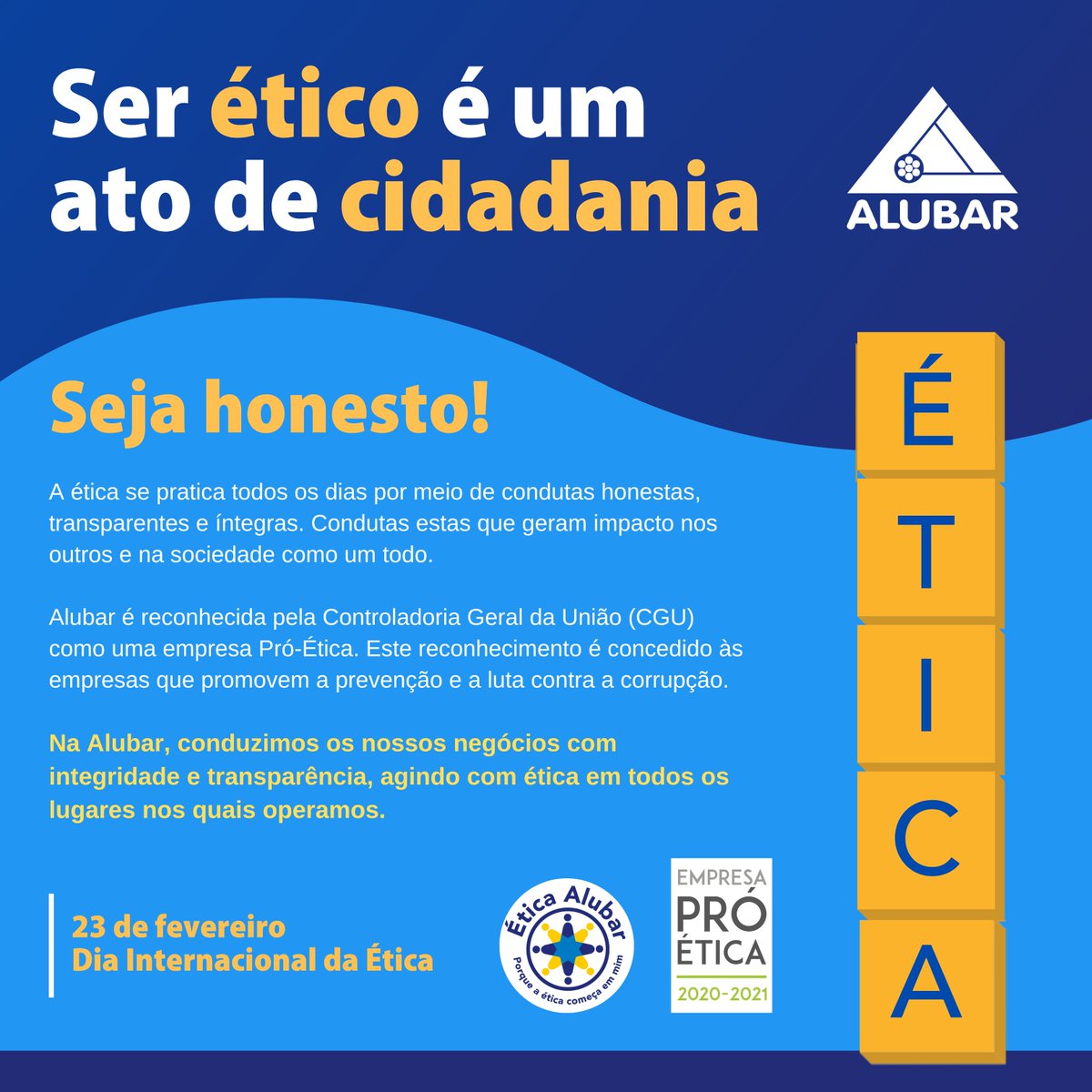 GrupoAlubar's tweet photo. O #GrupoAlubar tem como compromisso atuar de forma transparente em todos os seus processos, assegurando a credibilidade de seus negócios e das pessoas que fazem parte da empresa.
Gerar relações de confiança é o nosso propósito!
#Compliance #DiaInternacionaldaÉtica #Alubar https://t.co/5i66xrzX1A