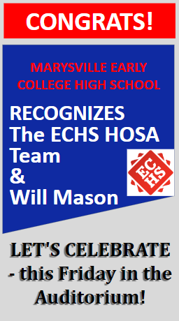 MarysvilleECHS's tweet photo. Let's celebrate this Friday! Join us at 7:30am in the Auditorium as we celebrate our HOSA team and Will for their accomplishments. #PTBM #FridayCelebration https://t.co/hnVt7jvgAm