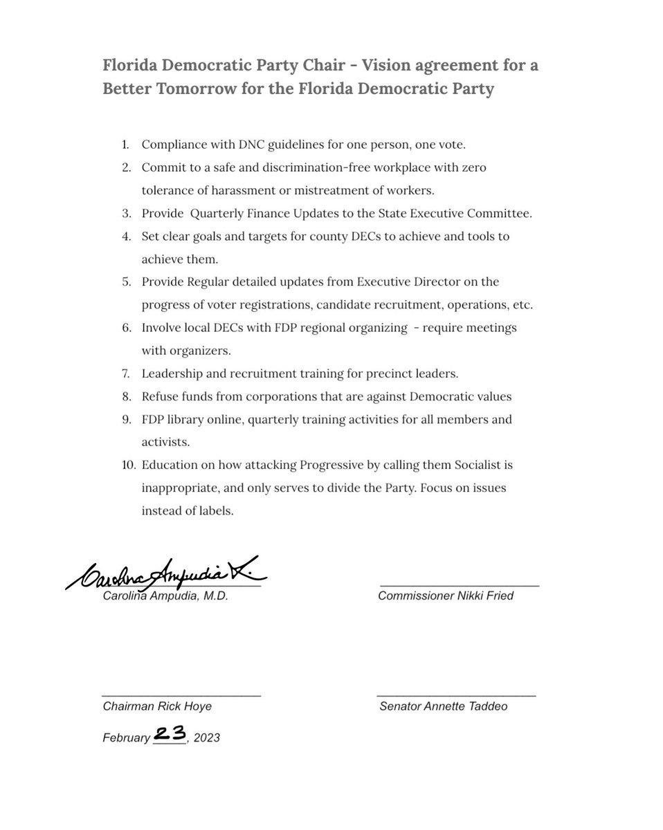 1md_c's tweet photo. Last night in Brevard, I shared this VISION AGREEMENT with the other candidates for @FlaDems chair. These simple 10  agreements indicate a willingness to progress in our party and a path forward regardless of who wins Saturday’s election  @NikkiFried @rick_hoye @Annette_Taddeo https://t.co/5Ecg96KOzc