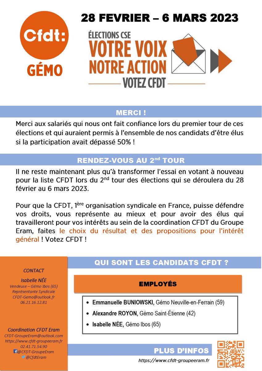 CfdtEram's tweet photo. 🙏Merci aux salariés de @Gemo_Officiel qui ont voté pour les listes @CFDT au 1er tour de ces élections #CSE !
🗳️ Le quorum n'ayant pas été atteint, il faut maintenant passer par un 2nd tour pour valider ces résultats. RDV à partir du 28 février pour voter @CFDT 🟠

@CFDTservices https://t.co/1xPPJDginy