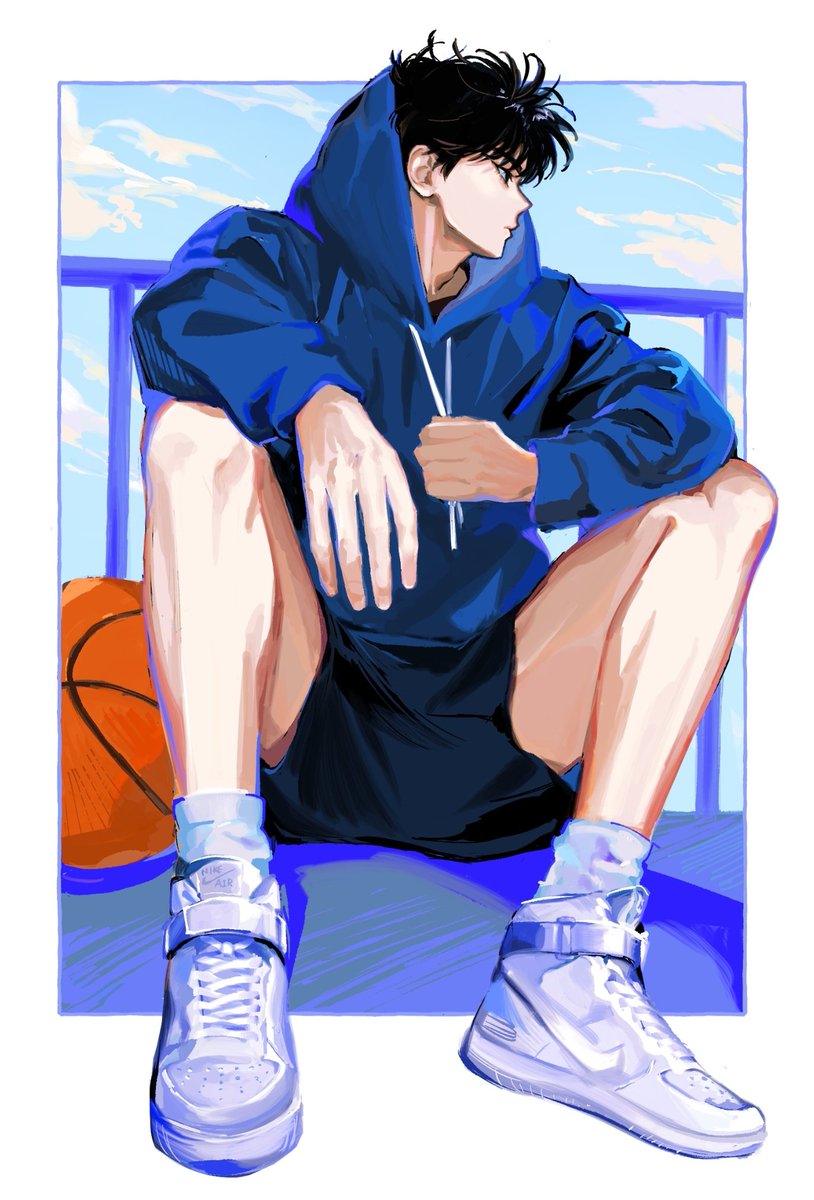 1boy male focus basketball hood shorts black hair solo  illustration images