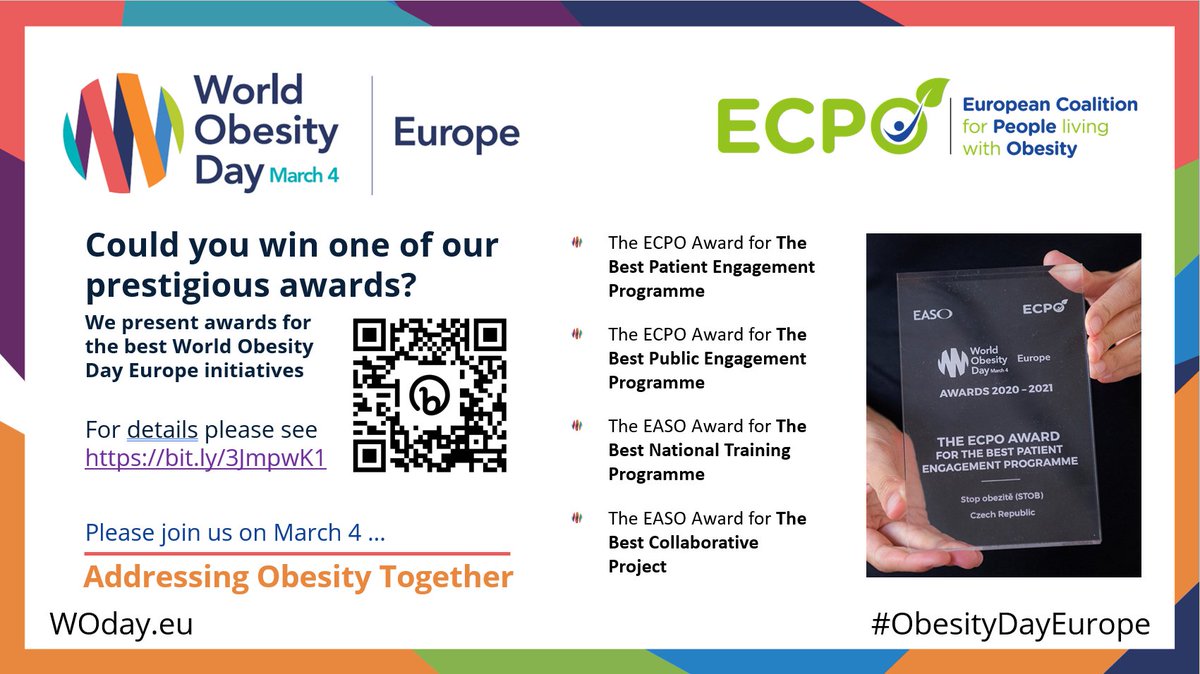 So many excellent initiatives are taking place for #ObesityDayEurope in conjunction with #WorldObesityDay this year. But you can still enter for an award. #AddressingObesityTogether
<a href="/ECPObesity/">ECPO</a> 
<a href="/EASOobesity/">EASO</a>
