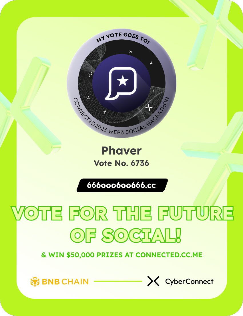workdifnachspsy's tweet photo. Just voted for my favorite project Phaver in #Connected2023, a Web3 Social hackathon by @CyberConnectHQ the social graph protocol &amp; @BNBCHAIN
Join me to vote for a better social and win $50,000-$100,000 prizes!
https://t.co/7DjrnG1tZF
sig:idHIbt 
  https://t.co/HgEBG136wM https://t.co/P4EKtWDPOb