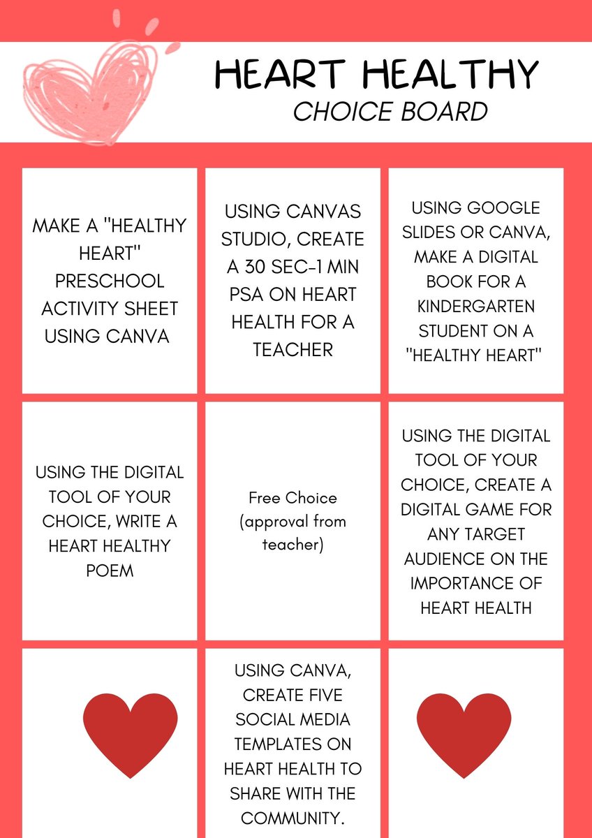 Using <a href="/canva/">Canva</a> to create a student choice board activity in Medical Therapeutics to use technology to promote heart health in our community. On a side note, it is Heart Month #ourhearts. #JCSDLD2023 #OFFICIALDLDDAY #JCSTechleads @jcitytnschools