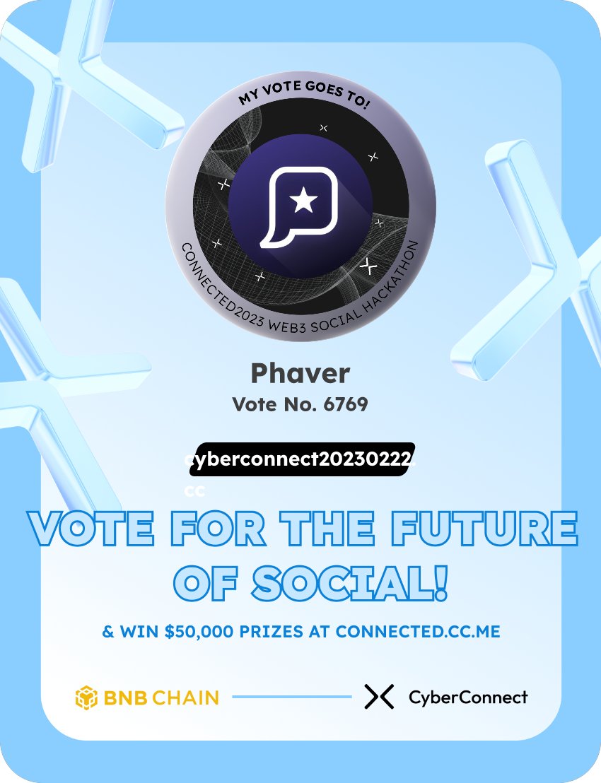 Just voted for my favorite project Phaver in #Connected2023, a Web3 Social hackathon by <a href="/CyberConnectHQ/">(Deprecated) CyberConnect</a> the social graph protocol &amp; <a href="/BNBCHAIN/">BNB Chain</a>
Join me to vote for a better social and win $50,000-$100,000 prizes!
connected.cc.me
sig:fGhMwI 
  x.com/CyberConnectHQ…