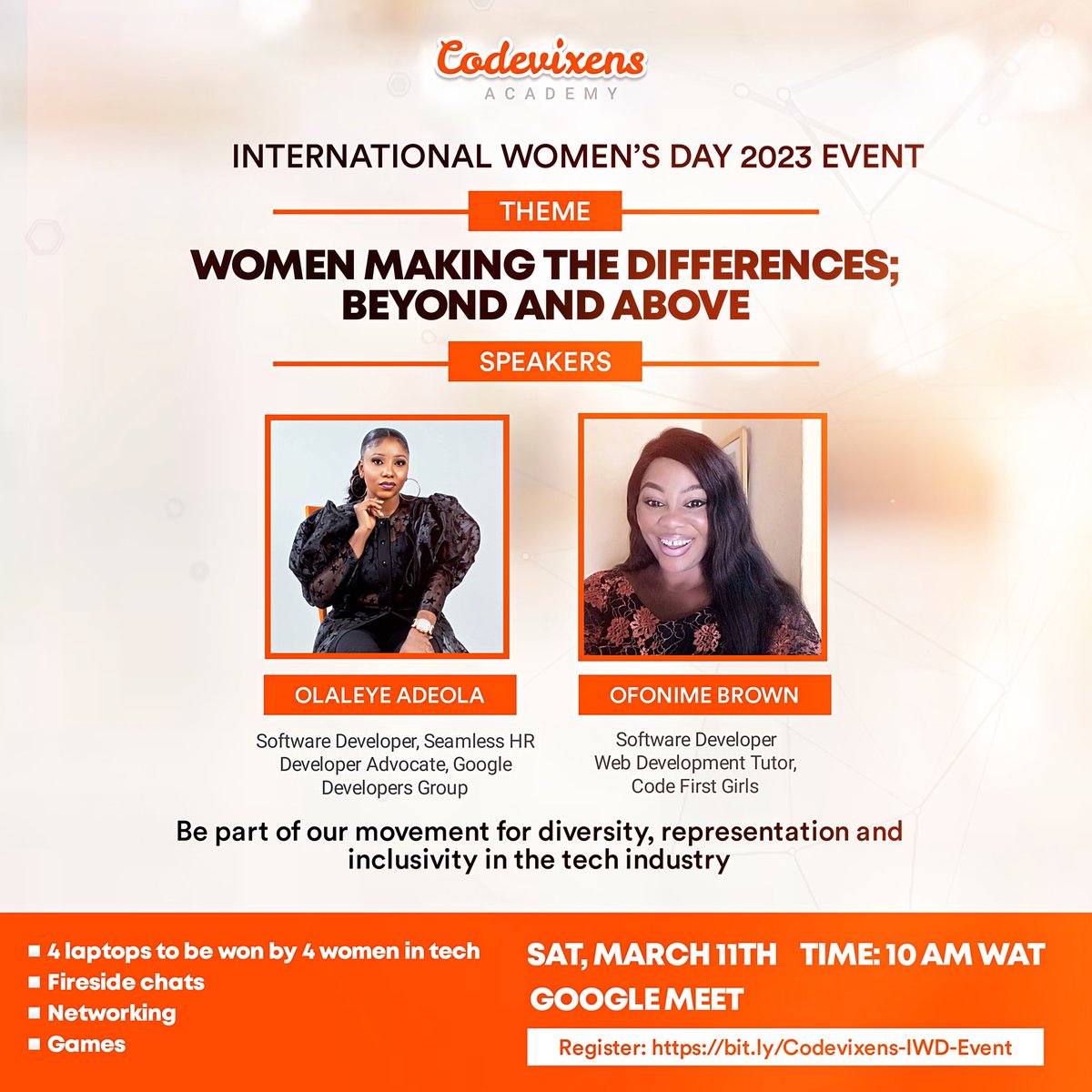 Codevixens's tweet photo. In celebration of International Women's Day 2023, we want to highlight the audacious, incredible, and impactful ways that women are changing the tech sector.

Register now for this event! https://t.co/pJmcSOps96 https://t.co/7iwz7IRsXM