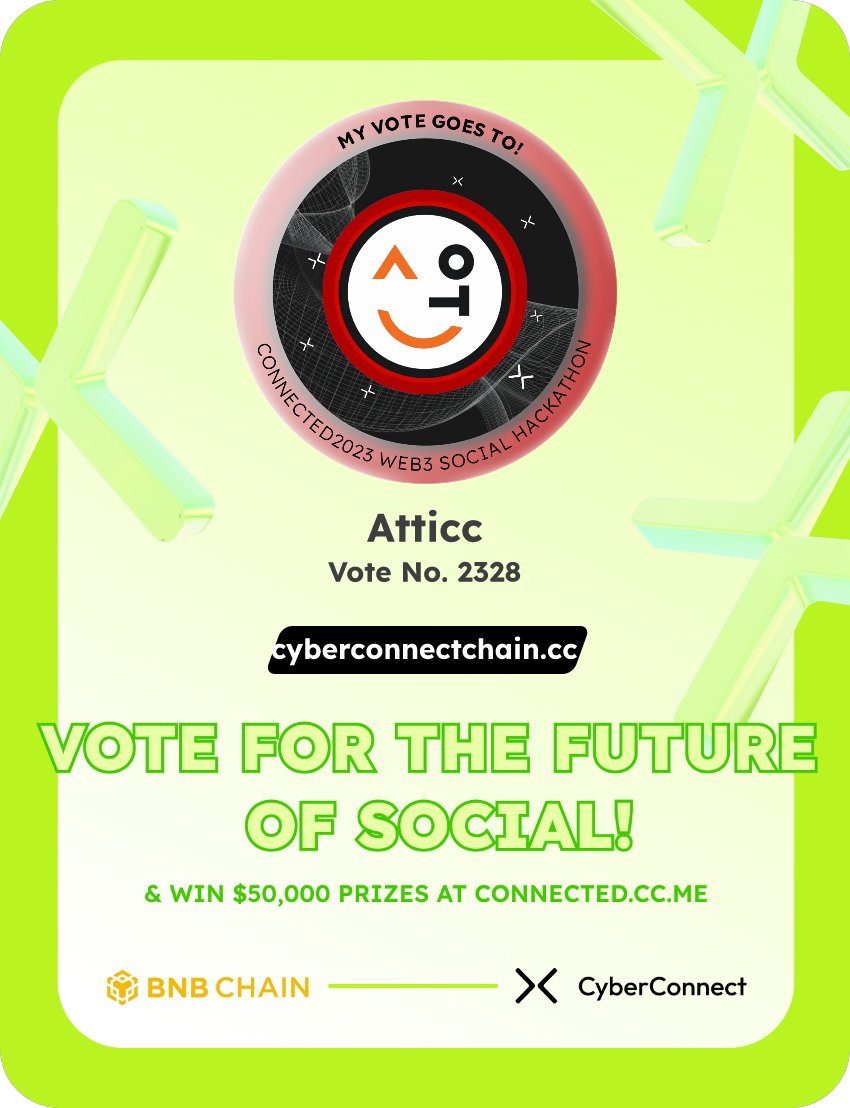 Just voted for my favorite project Atticc in #Connected2023, a Web3 Social hackathon by <a href="/CyberConnectHQ/">(Deprecated) CyberConnect</a> the social graph protocol &amp; <a href="/BNBCHAIN/">BNB Chain</a>
Join me to vote for a better social and win $50,000-$100,000 prizes!
connected.cc.me
sig:nOZof6 
  x.com/CyberConnectHQ…