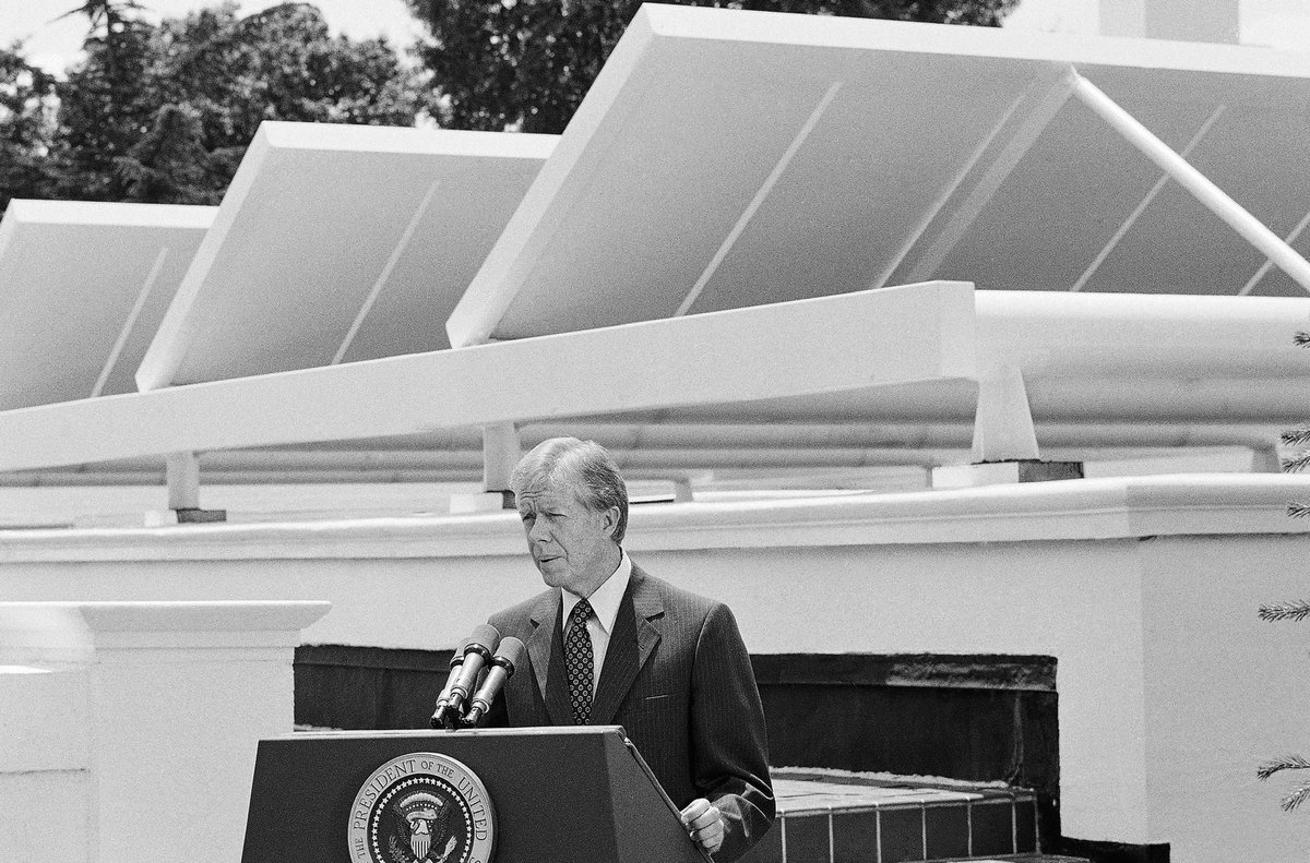 GoldPathSolar's tweet photo. #DidYouKnow in 1979 President Jimmy Carter installed 32 solar panels on the roof of the White House and developed significant R&amp;D budgets for renewable energy? 

In 1986 the #solar panels were dismantled and the R&amp;D budgets were gutted by the Raegan Administration. https://t.co/giutzZEbmw