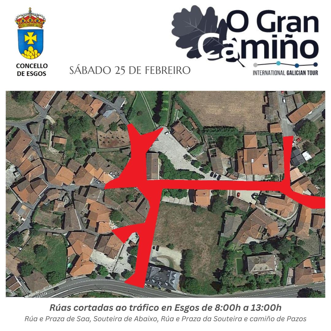 Restriccións de tráfico por mor da proba ciclista "O Gran Camiño".
🚫Prohibido aparcar dende as 15:00h do venres ata as 15:00h do sábado en: Praza e Rúa de Saa, Souteira de Abaixo e Praza de rúa da Souteira.
#OGC2023