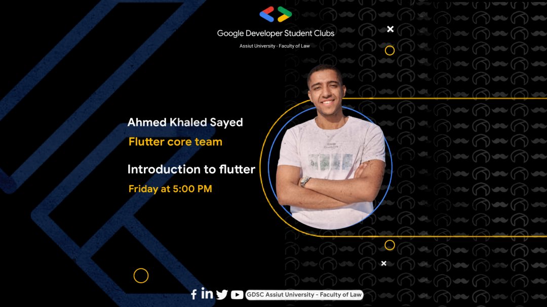 gdsc_au_law's tweet photo. Introduction to Flutter with Ahmed Khalid (@AhmdKhald20)
#Flutter
#GDSC #Solution_Challenge
#GDSCSolutionChallenge
#gdsc_au_law
#gdscegypt
#GDSCMENA https://t.co/VyzguGGyaX
