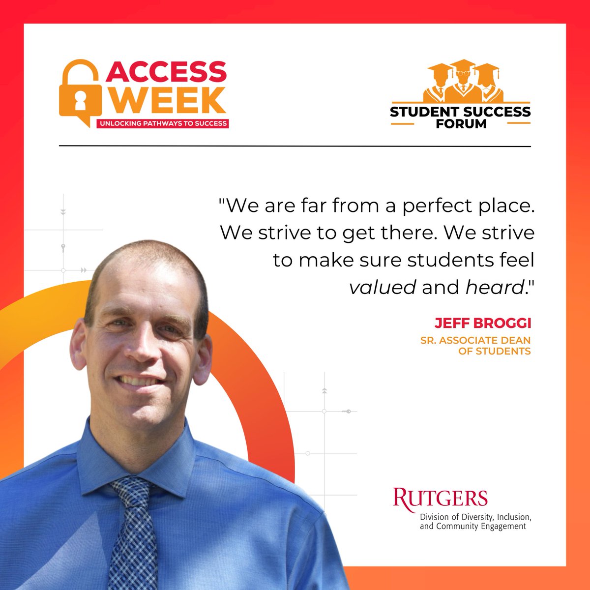 RUDiversity's tweet image. The Student Success Forum brought together faculty and staff for a data walk illustrating the outcomes of first-gen, limited-income, and underrepresented student populations at @RutgersNB.

Jeff Broggi spoke on the crucial role of student support at this #AccessWeek event.
