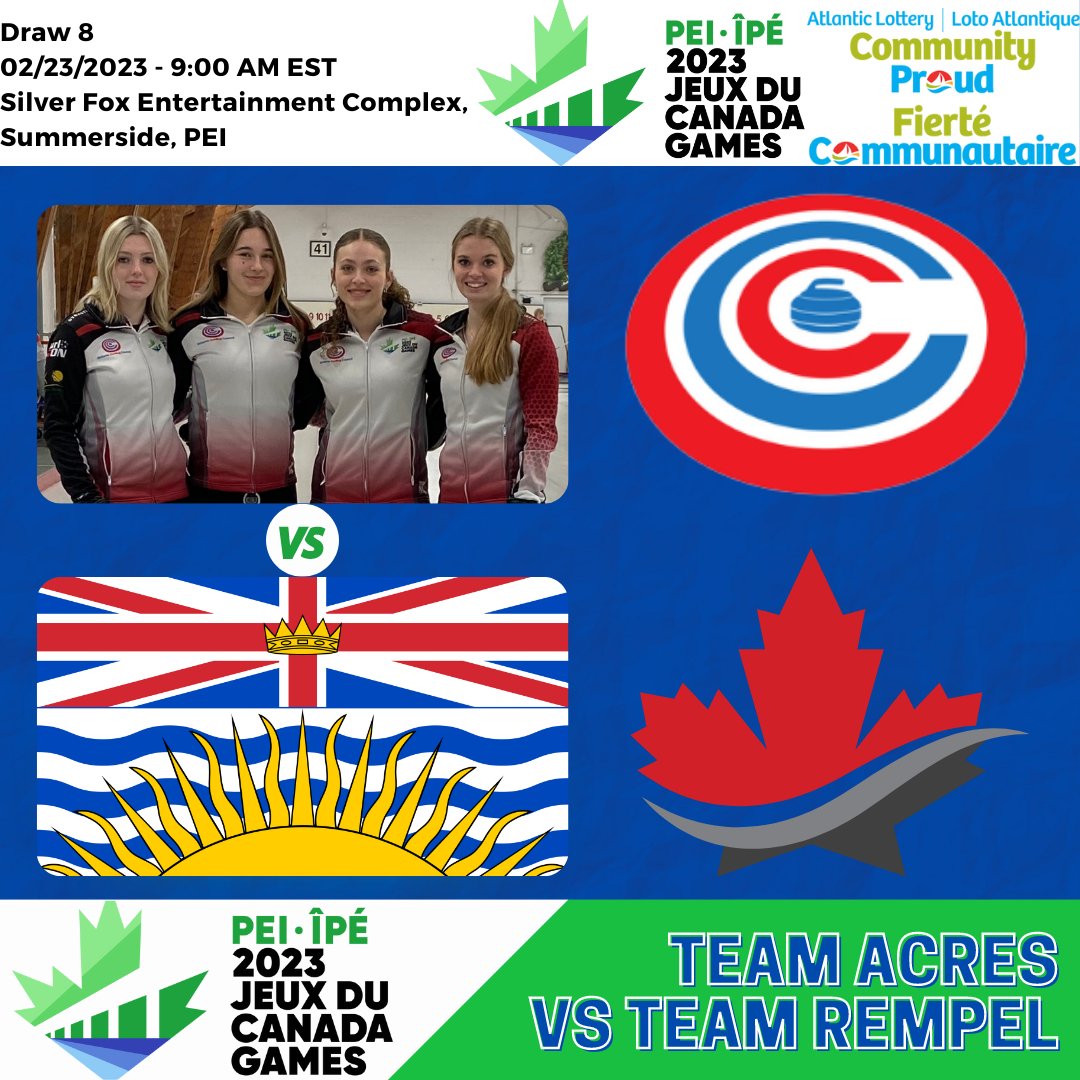 ONCurlCouncil's tweet photo. Good Morning and Welcome back to Summerside, PEI for Draw 8 of the Prince Edward Island 2023 Jeux du Canada Games.

Live-Scoring: https://t.co/jrE5uRL0ZC

@TeamAAcres (ON) VS Team Rempel (BC)

LET'S GO TEAM ACRES!

GO ON GO!

#Curling https://t.co/gPvkLTC1nX