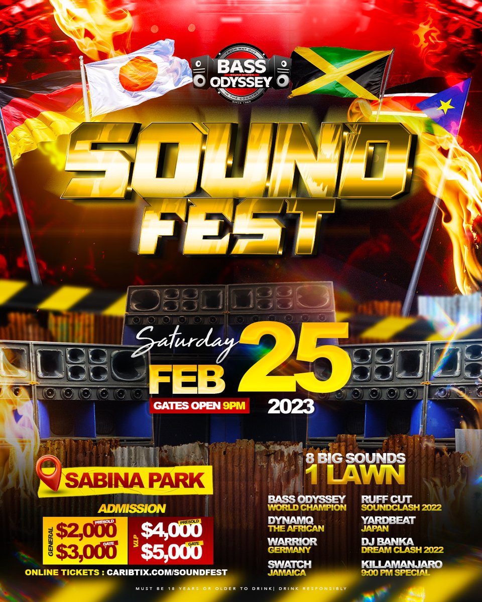 IRIE_FM's tweet photo. 8 BIG sound inna one BIG lawn!
Feb25 we ova Sabina Park
#Kingston #Jamaica
#ThisIsDancehall #authentic #dancehall #soundsystem
This is #soundFEST - the best of #soundclash and juggling #DJs on two BIG stage!
@bassodysseysoundsystem @soundfestkingston https://t.co/Vyl4CcP1pk