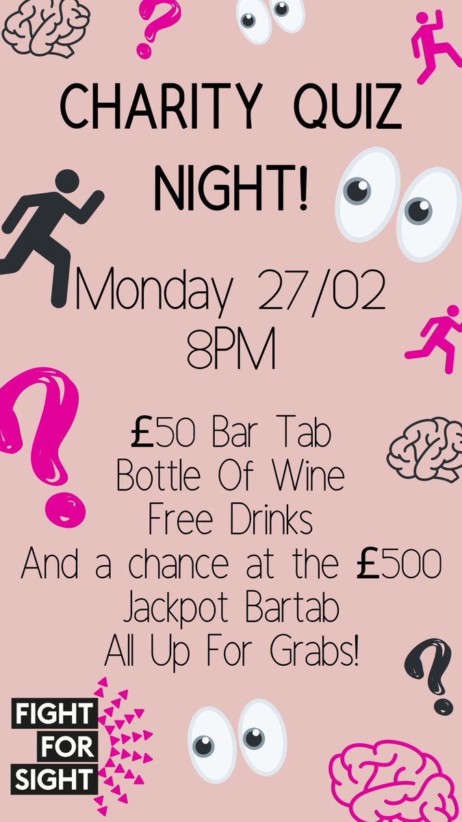 Join us on Monday for our charity quiz night 🌃

All entry fees go towards @fightforsightuk and a chance to win a £500 bar tab.

#charityquiz #fightforsight #loveyourlocal