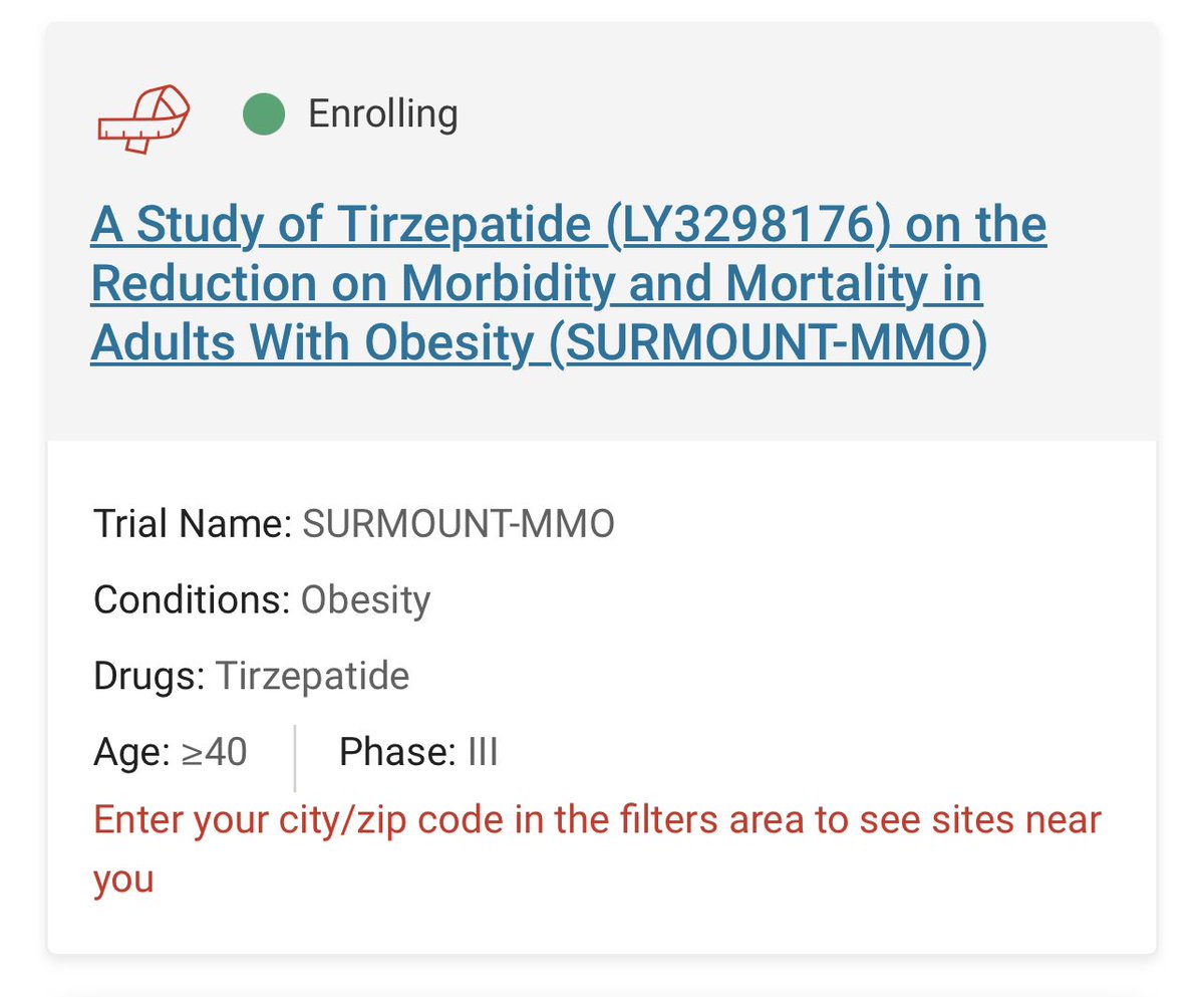 MichaelAlbertMD's tweet image. Eli Lilly still enrolling 4 Phase 3 trials for Tirzepatide:
—
SUMMIT=HFpEF
TREASURE-CKD=Ob-T2DM-CKD
SURMOUNT-OSA
SURMOUNT-MMO=M&amp;amp;M in Obesity

That’s on top of the various other SURMOUNT trials that have already completed enrollment. 
⬇️
Deep Pipeline to validate tirzepatide for…