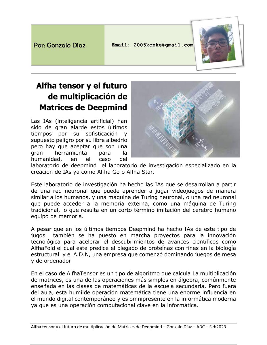 hayah_garcia's tweet image. #23Feb || #AlphaTensor y el futuro de multiplicación de matrices de #DeepMind, un interesante artículo que invoca a las redes neuronales y las IA. Autor: Gonzalo Díaz. Compartamos este pots !!! 👍🏻 
#ArquitecturaDelComputador 
#Informática #Tecnología