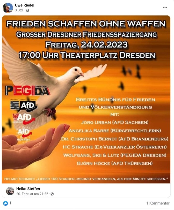stoppmissbrauch (@stoppmissbrauch) on Twitter photo Während die #rechtsextreme #Obdachlosenhilfe #Dresden gegen #dieletztegeneration hetzt,macht Vorstandsvorsitzender Uwe #Riedel Werbung für #Pegida & #AfD.
#nazis #fckafd #FCKNZS <a href="/AZeckenbiss/">Antifa Zeckenbiss💯</a> @watchingyou81 <a href="/Gegen_die_AfD/">Gegen die AfD</a> <a href="/dd_nazifrei/">Dresden Nazifrei</a> Während die #rechtsextreme #Obdachlosenhilfe #Dresden gegen #dieletztegeneration hetzt,macht Vorstandsvorsitzender Uwe #Riedel Werbung für #Pegida & #AfD.
#nazis #fckafd #FCKNZS <a href="/AZeckenbiss/">Antifa Zeckenbiss💯</a> @watchingyou81 <a href="/Gegen_die_AfD/">Gegen die AfD</a> <a href="/dd_nazifrei/">Dresden Nazifrei</a>
