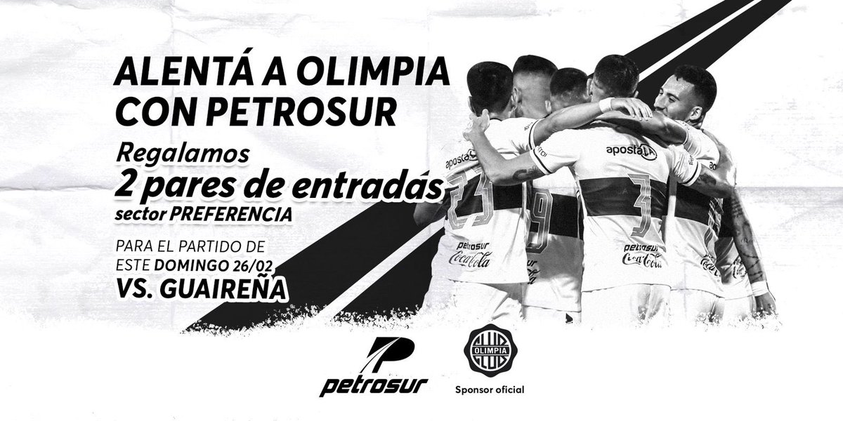 Regalamos 2 pares de entradas Sector Preferencia para alentar a Olimpia en su partido contra Guaireña.

✅Dale RT a esta publicación.
✅Arrobá en los cometarios a tu acompañante.

Anunciamos a los ganadores el Viernes 24/02 👀

#PETROSUR Sponsor Oficial del Club Olimpia