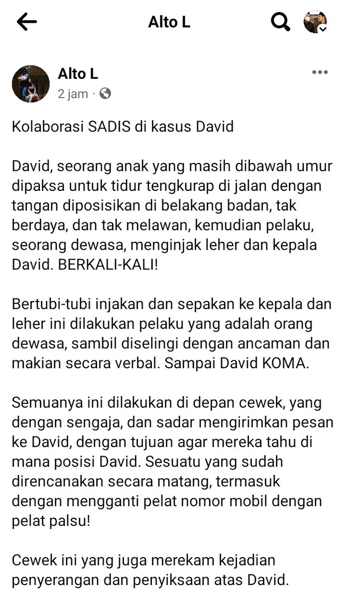narkosun's tweet photo. SADIS!!!!

Liat video penganiayaan David oleh makhluk BANGS*T ini sungguh ga tega. Kejam seperti perilaku binatang. 

Pak @ListyoSigitP @DivHumas_Polri tolong jangan dikasih ampun makhluk ini. Beri hukuman setimpal! https://t.co/oJtHgEF8Tm