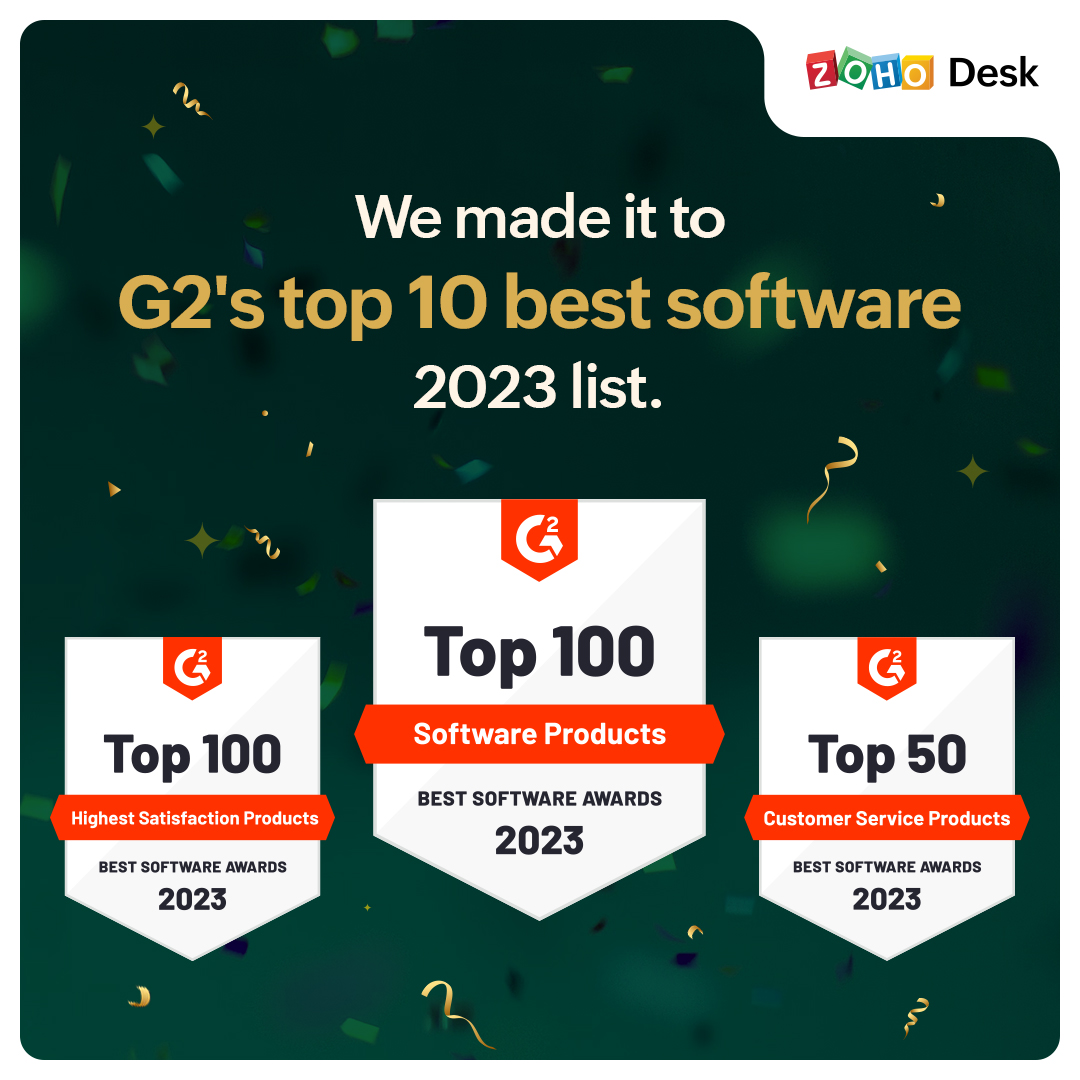ZohoDesk's tweet image. We feel elated to share with you that Zoho Desk made it to G2&apos;s #BestSoftware2023 top 10 list, across all categories and regions, based on real user reviews.

We&apos;re grateful for the invaluable support from our partners &amp;amp; customers 💚

🔗zurl.co/G7yT

#CustServ