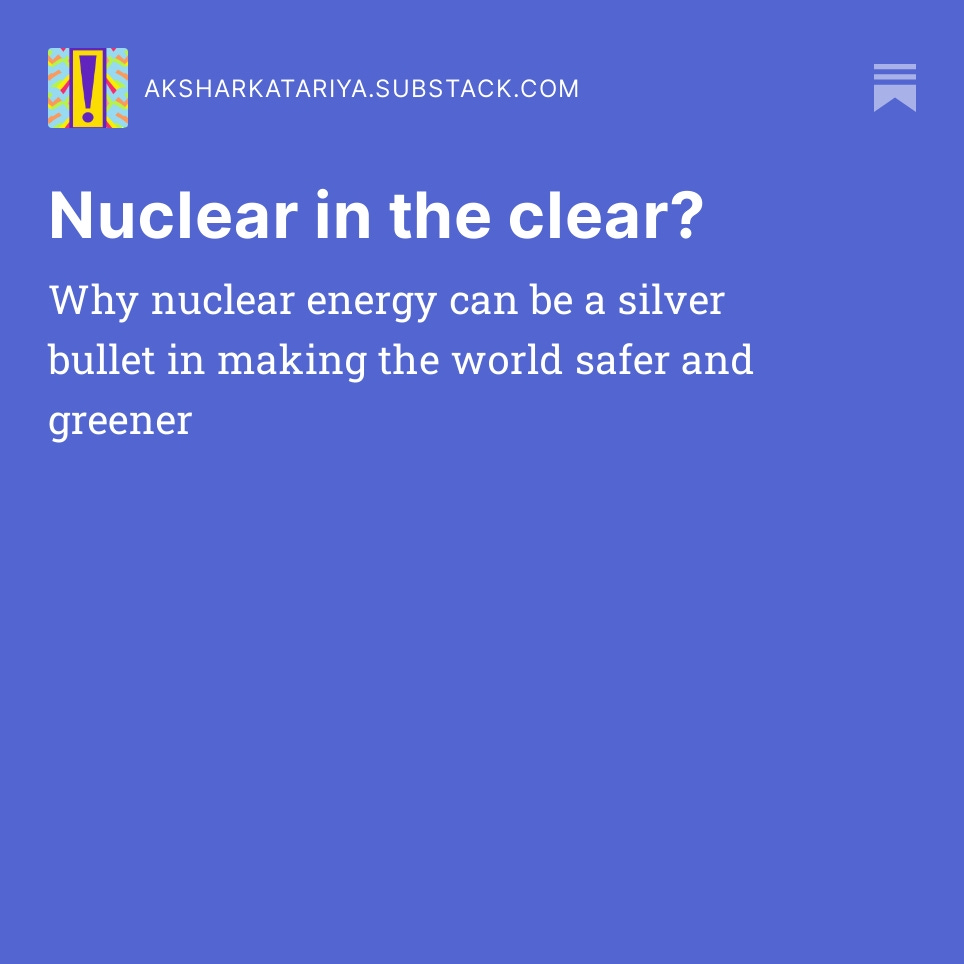 AksharKatariya's tweet photo. Nuclear is 2nd safest, 2nd greenest, and has the most calorific value of any other fuel on Earth. Why is then the share nuclear energy  going down in the energy mix of countries. Read the 4th post of my newsletter to know!
https://t.co/6iscgrKj0C https://t.co/yCdYp1PWsD