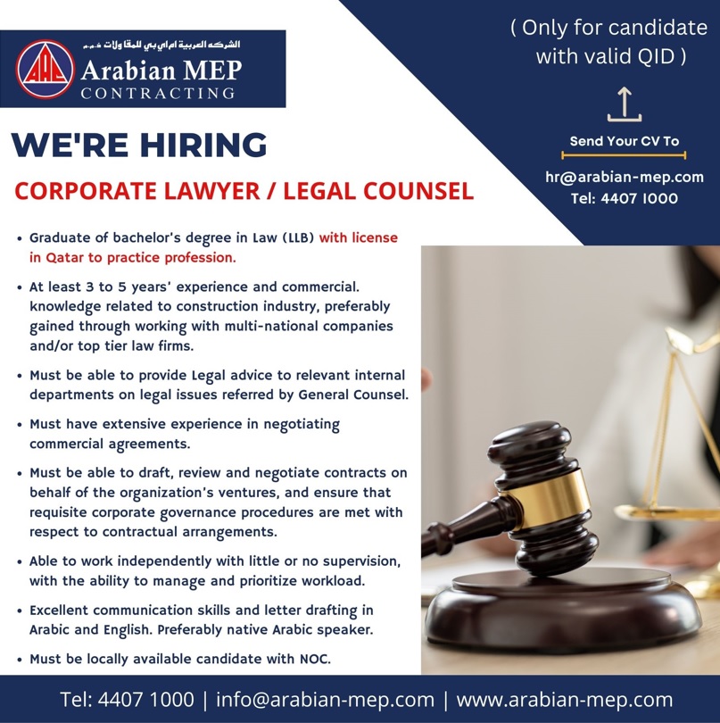 ArabianMEPQatar's tweet photo. Vacancy - Corporate Lawyer / Legal Counsel https://t.co/O7r4iF2Yly