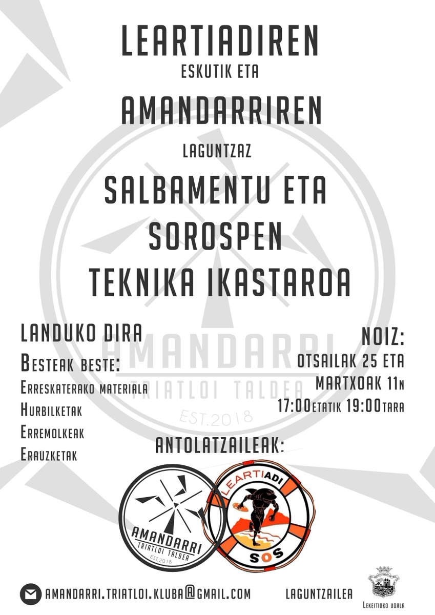 🛟Salbamentu eta sorospen teknika ikastaroa
🗓️Otsailak 25 eta martxoak 11

Antolatzaileak: <a href="/AMANDARRITT/">Amandarri TT</a> eta Leartiadi
Laguntzailea: <a href="/Lekeitio_Udala/">Lekeitioko Udala</a>