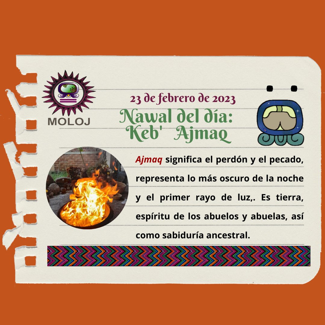 asociacionmoloj's tweet photo. 🌱 El Calendario Maya nos marca la energía Keb' Ajmaq 🥳🎉
#CalendarioMaya #Nawaldeldía
#PueblosIndígenas #MujeresMayas
#Guatemala #reflexión #Wayeb
#añonuevomaya #nuevocargador
#inciodelaño https://t.co/DrK6BkZDzC