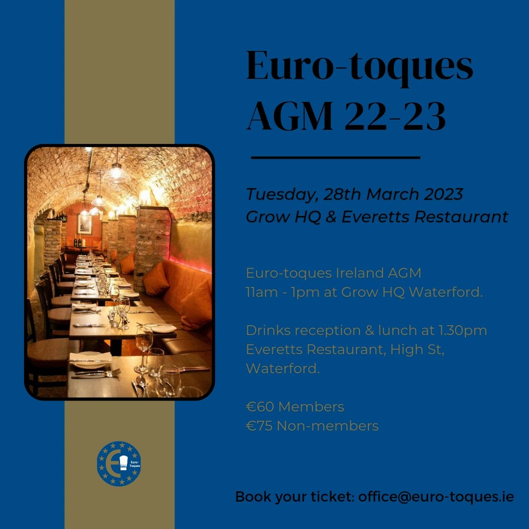 Euro-toques Ireland (@eurotoques_ire) on Twitter photo Our Annual General Meeting is taking place on Tuesday 28th March in <a href="/Grow_HQ/">GROW HQ</a> followed by a lunch <a href="/everettsrest/">Everett's Restaurant</a> #waterford E-mail office@euro-toques.ie to book! #eurotoquescommunity #chefsmeetproducers Our Annual General Meeting is taking place on Tuesday 28th March in <a href="/Grow_HQ/">GROW HQ</a> followed by a lunch <a href="/everettsrest/">Everett's Restaurant</a> #waterford E-mail office@euro-toques.ie to book! #eurotoquescommunity #chefsmeetproducers