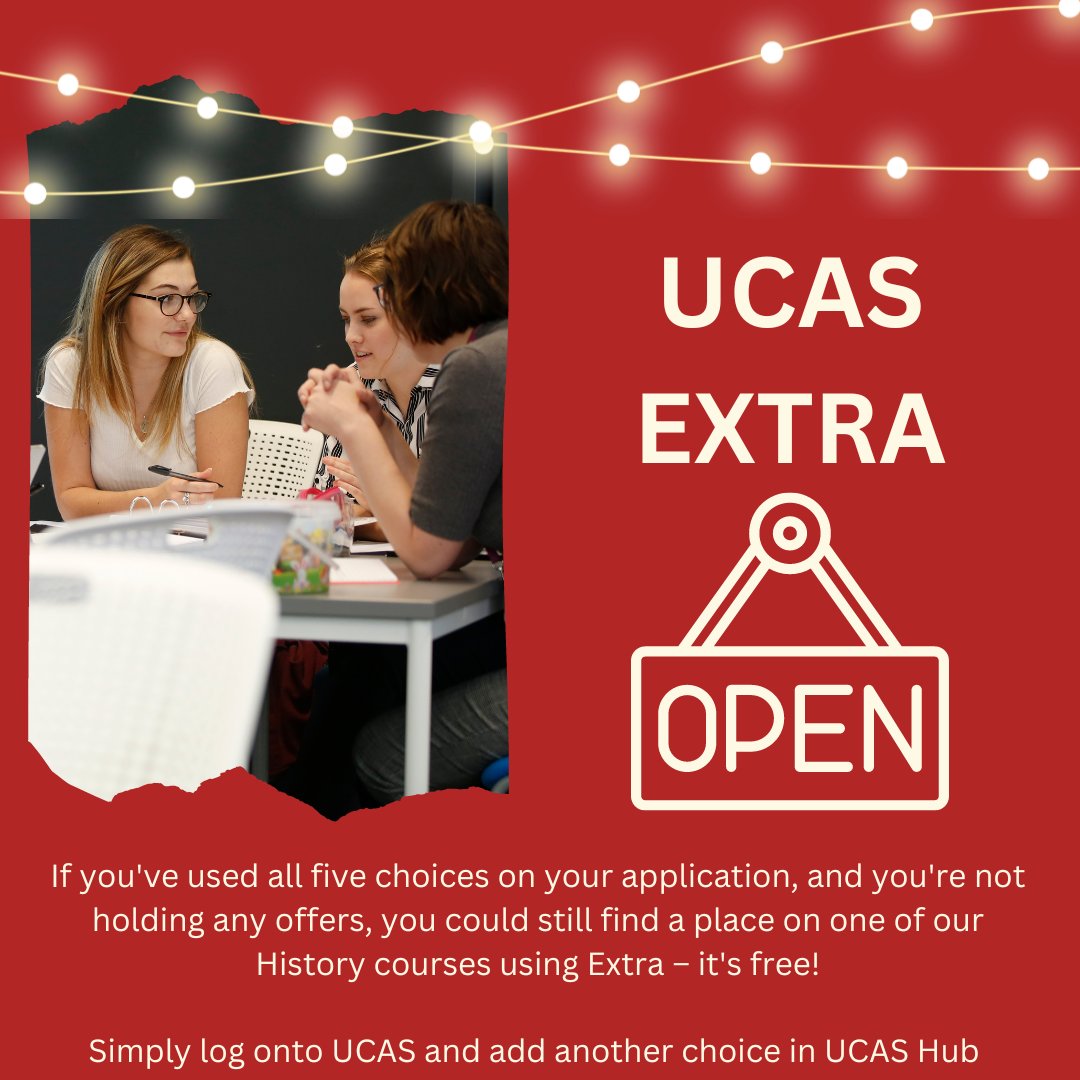 UHertshistory's tweet image. UCAS Extra has opened! If you&apos;ve used all five choices on your application, and you&apos;re not holding any offers, you could still find a place using Extra – it&apos;s free!

Simply log onto UCAS and add another choice in UCAS Hub ✨#uniapplication #ucas #historydegree