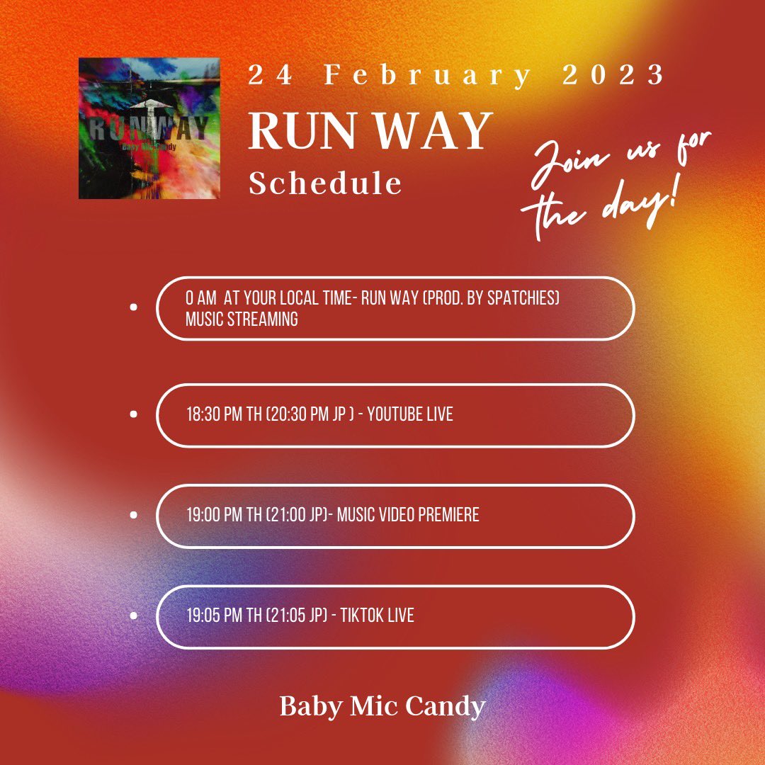 BabyMicCandy's tweet photo. Let's be with BMC!!
New single release schedule
"RUN WAY (prod. by SpatChies)"
Streaming
https://t.co/dYa077x7oJ
#BabyMicCandy #BMC #RUNWAY #BMC_RUNWAY #SpatChies
@OKGOLIRA @motoxnsxx @OmtKi https://t.co/XGjMcb61Fh