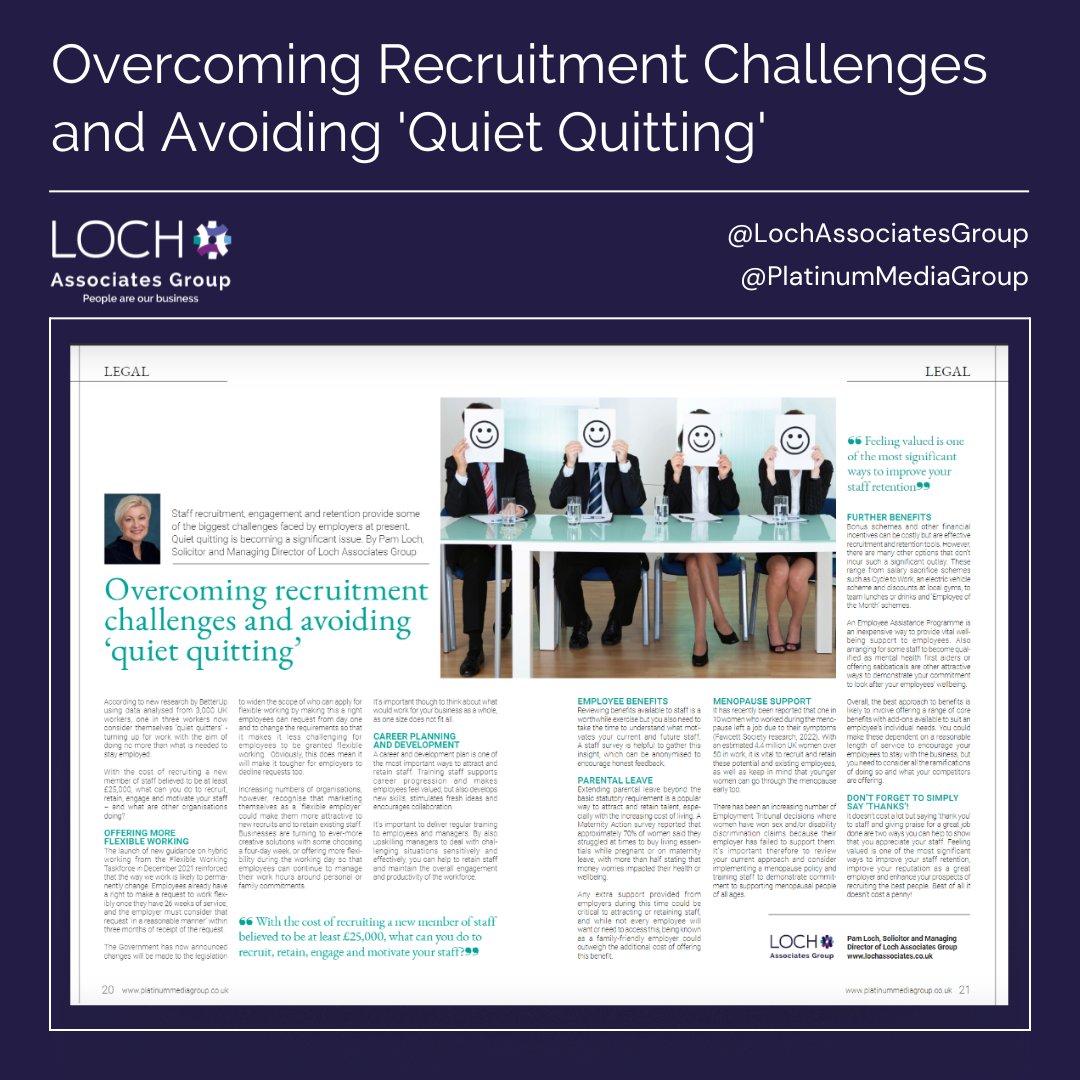 Read all about it! Our next feature has appeared in Platinum magazine. This is a must read if recruitment is a challenge for your business right now; issuu.com/platinumbusine…

#recruitment #Lochlaw #businessadvice #employer #retention #quietquitting