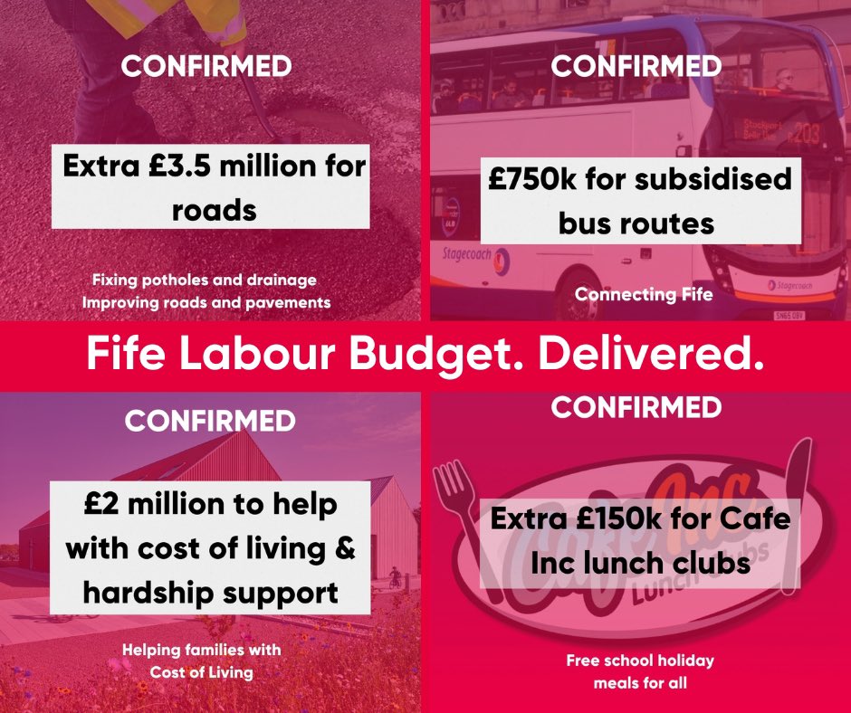 The minority <a href="/FifeLabour/">Fife Labour #FifeLabourDelivers</a> administration has just passed a budget delivering more money for roads, buses, hardship support and free school holiday meals for families. That is Labour values in action. #FifeLabourDelivers. <a href="/ScottishLabour/">Scottish Labour</a>