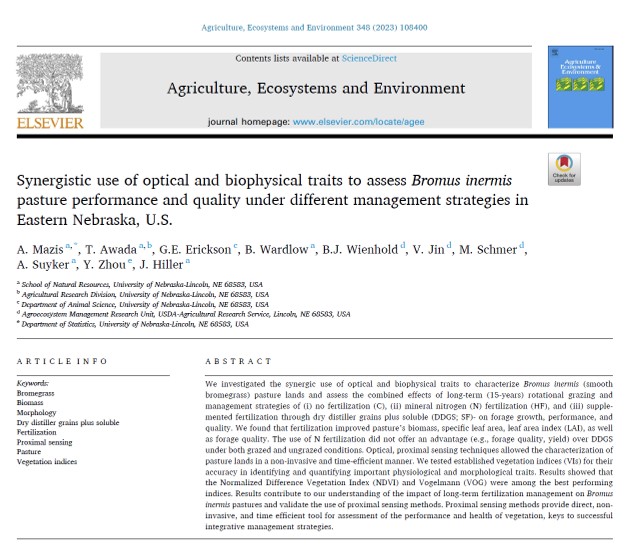 CALMIT_UNL's tweet photo. New publication @TasosMazis et al.  on the analysis of remote sensing &amp; biophysical traits to assess pasture performance under different management practices. @CALMIT_UNL @UNL_IANR @UNLSNR @NebENREC

https://t.co/Rsq1YO98CX https://t.co/lR2xG4cqYK