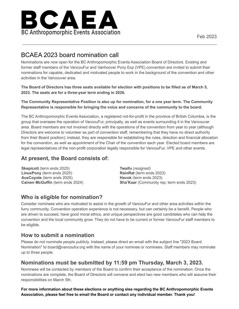 BCAnthroEvents's tweet photo. Nominations for the BCAEA board and community rep are now open! Anyone from the community can be nominated, just be sure to send your nomination in before Mar 3, 2023. Send your nomination to board@bcanthroevents.org. https://t.co/MM0GLMQ6Lu