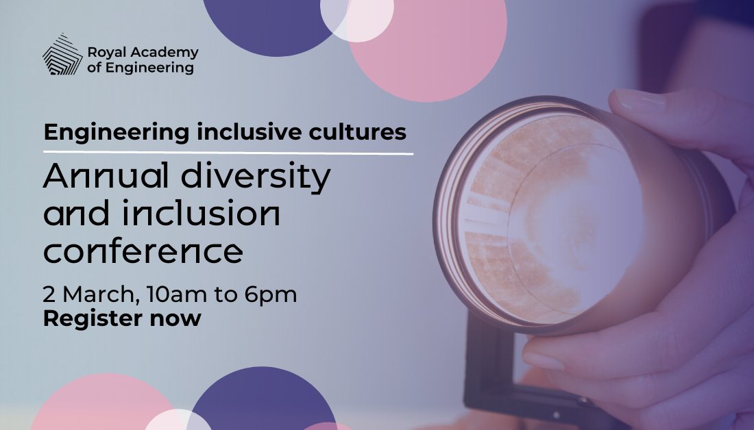 The Academy will be holding our annual diversity and inclusion (D&amp;I) conference in less than a month. We will be joined by experts from across the profession to share our latest research and host panel discussions Join us: raeng.org.uk/events/2023/ma… #EngDiversity