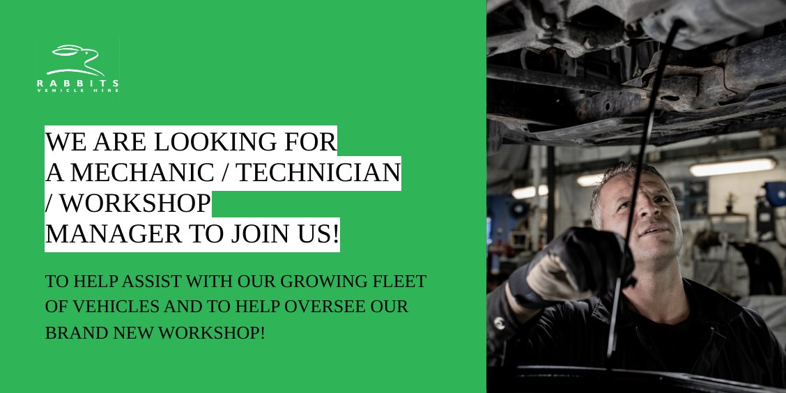 RabbitsHire's tweet photo. WE ARE LOOKING FOR A MECHANIC / TECHNICIAN / WORKSHOP MANAGER TO JOIN US IMMEDIATELY!

TO HELP ASSIST WITH OUR GROWING FLEET OF VEHICLES AND TO HELP OVERSEE OUR BRAND-NEW WORKSHOP!

PLEASE EMAIL YOUR CV OR ANY QUESTIONS TO: STEVE@RABBITSVEHICLEHIRE.CO.UK https://t.co/4e5SR69anS