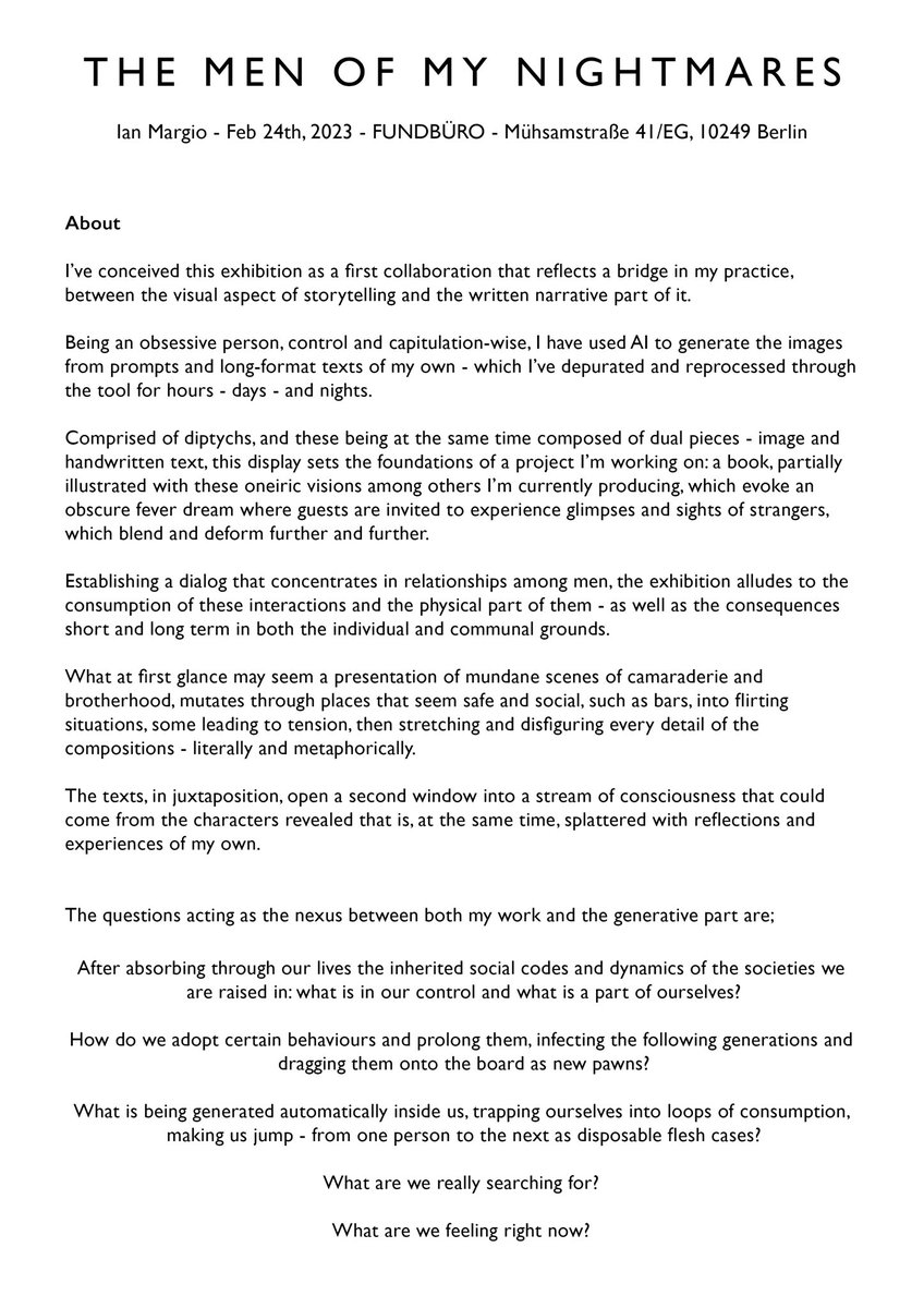 ianmargio's tweet image. If you're in Berlin: come visit us tomorrow from 6pm • "THE MEN OF MY NIGHTMARES" exhibition opening

Si estás en Berlín: visítanos mañana desde las 6pm • Inauguración de mi exposición "THE MEN OF MY NIGHTMARES"

More info:
• ianmargio.com
• patreon.com/ianmargio
