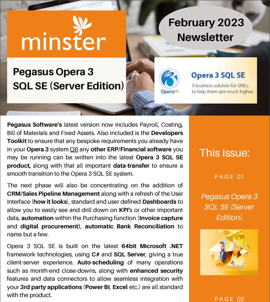 Spring is most definitely in the air here at Minster! February's Newsletter has all the latest news about Pegasus Opera 3 SQL SE, and features CS Labels Limited in our Customer Spot-Light series!

ow.ly/Aibn50MZE8g

#erpsoftware #itservices #cybersecurity #ukmanufacturing