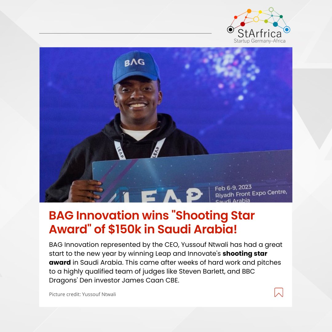 🌟 STARFRICA NEWS 🌟

A huge congratulations to the CEO <a href="/YussoufNtwali/">Yussouf Ntwali</a> and the entire team at @baginnovationrw for winning LEAPandInnovate’s Shooting Star Award in Saudi Arabia this February.

We wish you all the best in your upcoming projects and endeavours.

#Rwanda