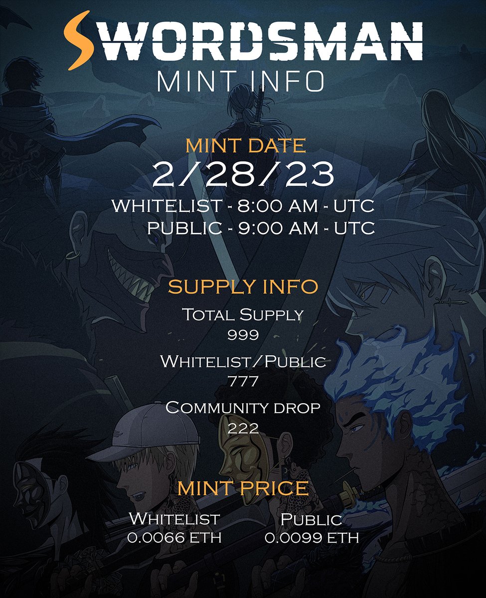 📢 Mint Date: Feb 28th, 2023

Thank you for your ongoing support, and we look forward to showing you the results of our hard work soon!

#swordsmannft #nft #manga #NFTCommunity #ETH #opensea #Cryptos #mangaart #AnimeNFT #anime #nftcollectors