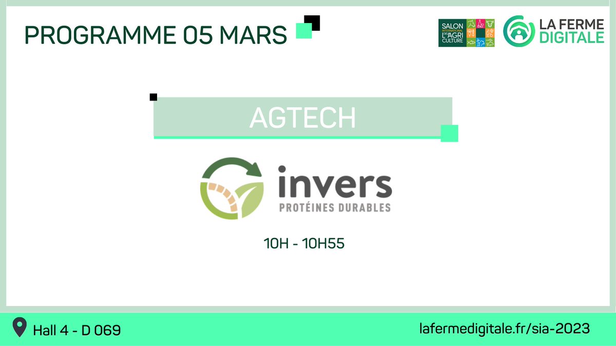 FermeDigitale's tweet photo. #SIA2023 PROGRAMME DE CONFÉRENCE DU DIMANCHE 05 MARS avec la start-up #Invers qui clôturera ces 9 jours de salon 👉
Thème : Elevage d'insectes 🪱 pour alimentation animale chez les agriculteurs !
https://t.co/sNCS1HsG2Y
💚En accès libre et ouvert à tous
📍RV Hall 4 D069 https://t.co/xfPpnWTM9Q