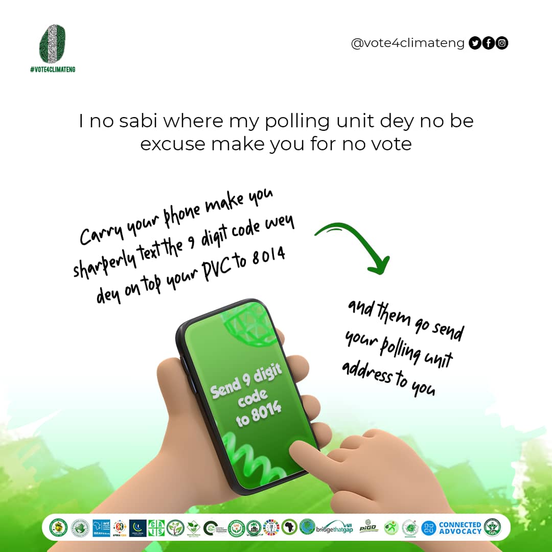 It is 2 days to the election, follow the steps on the flyer to locate your polling unit and remember to #Vote4Climate  #BridgeThatGap

#Vote4climateNG #climatechange