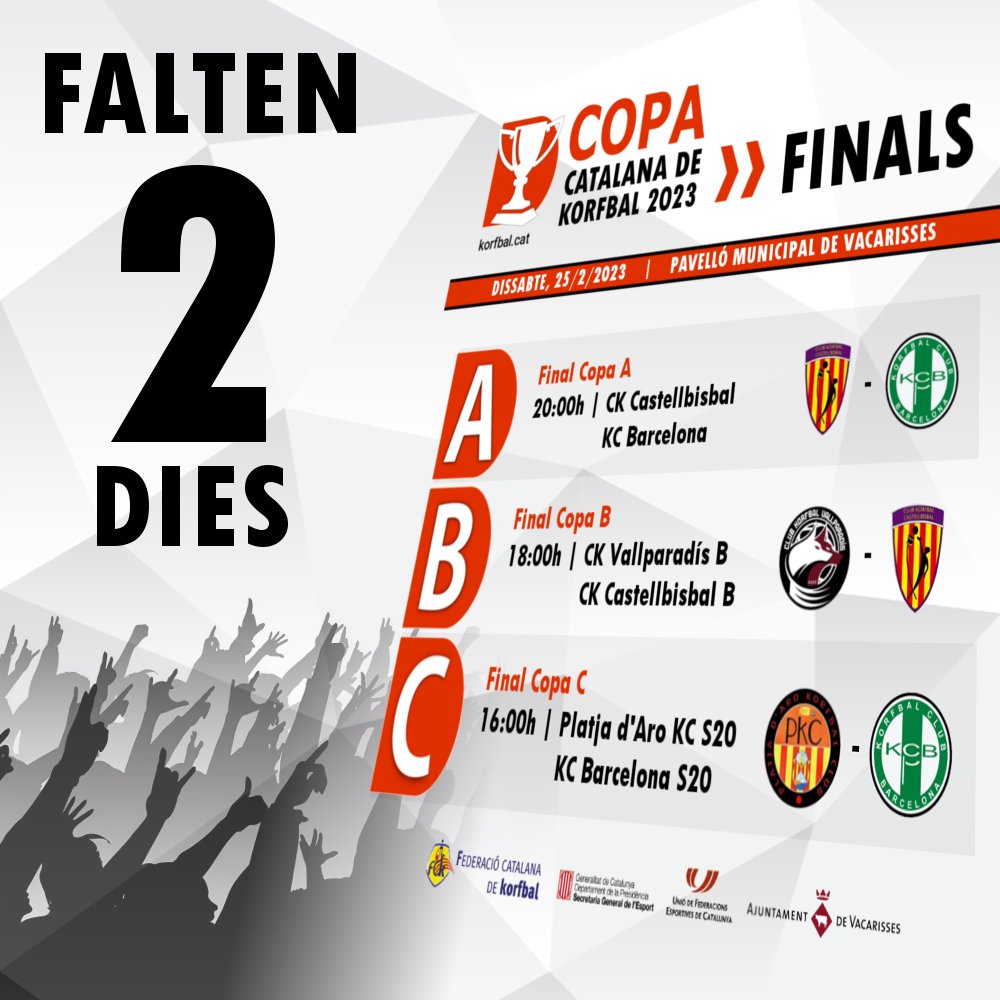 Només falten 2 dies per a les Finals de la Copa Catalana de Korfbal 2023 a Vacarisses! El proper dissabte 25 de febrer a la tarda, us hi esperem a tots i a totes!! 💪 #GaudimDelKorfbal #Finals #CopaCatalana2023 #EsportMixte #Korfball

📰 Més informació: korfbal.cat/?p=11770