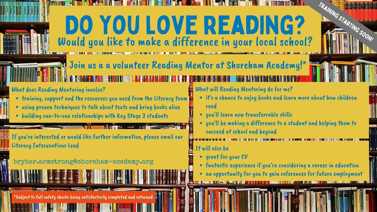 Hay everyone! We're looking for Reading Mentors to help us continue to create a whole school reading culture - could you help? See the our poster for more info. <a href="/shorehamacademy/">Shoreham Academy</a> #shorehamreads #wholeschoolreadingculture